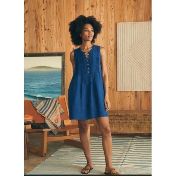 Faherty Dresses & Skirts - Faherty Womens Isha Chambray Cotton Tank Dress Size Small Pintuck Relaxed Fit